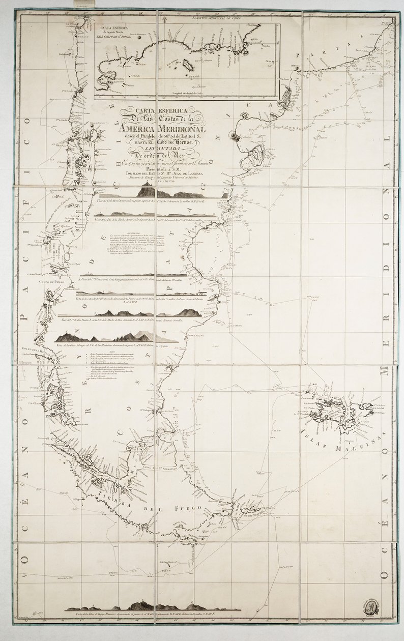 Kaart van Chili, Patagonië, Tierra del Fuego en de Falklandeilanden, c.1798 (gravure) door Juan de Langara