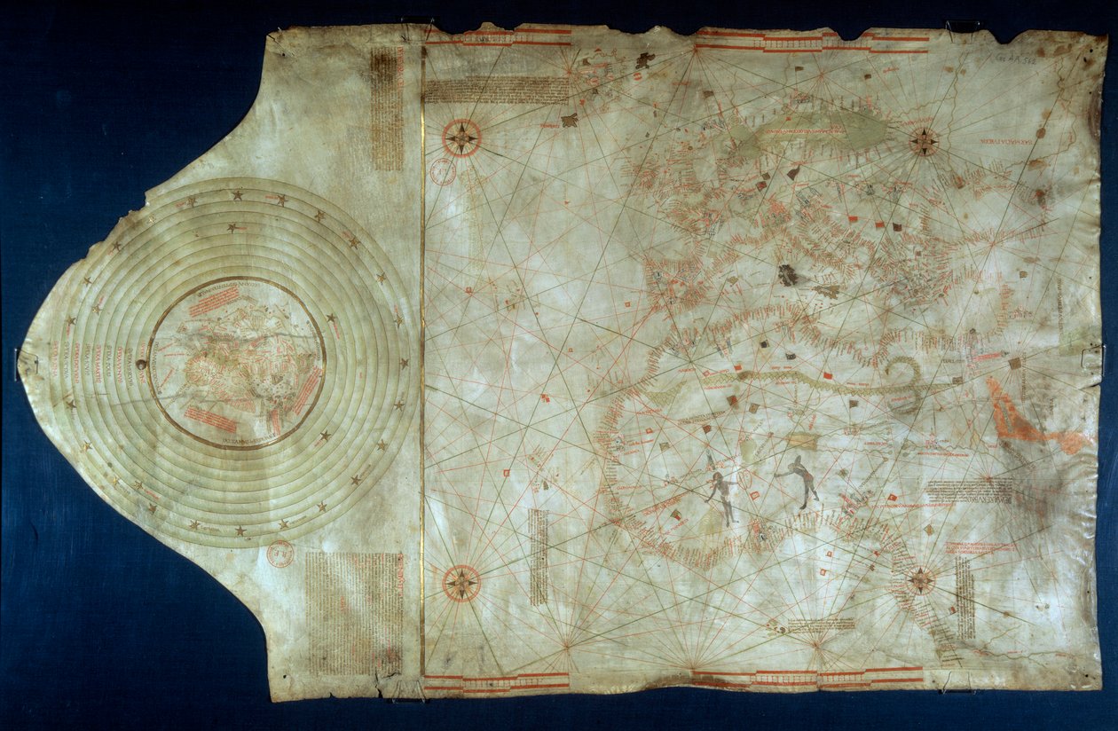 Zeevaartkaart van Juan de la Cosa (1460-1510), cartograaf en metgezel van ontdekkingsreiziger Christoffel Columbus (1451-1506) door Juan de la Cosa