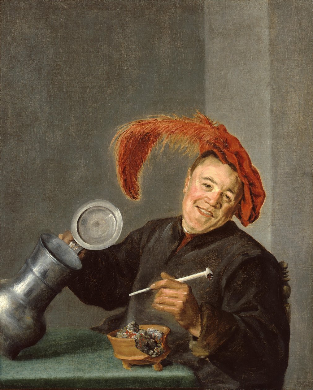 Vrolijke man met tinnen kan en pijp door Judith Leyster