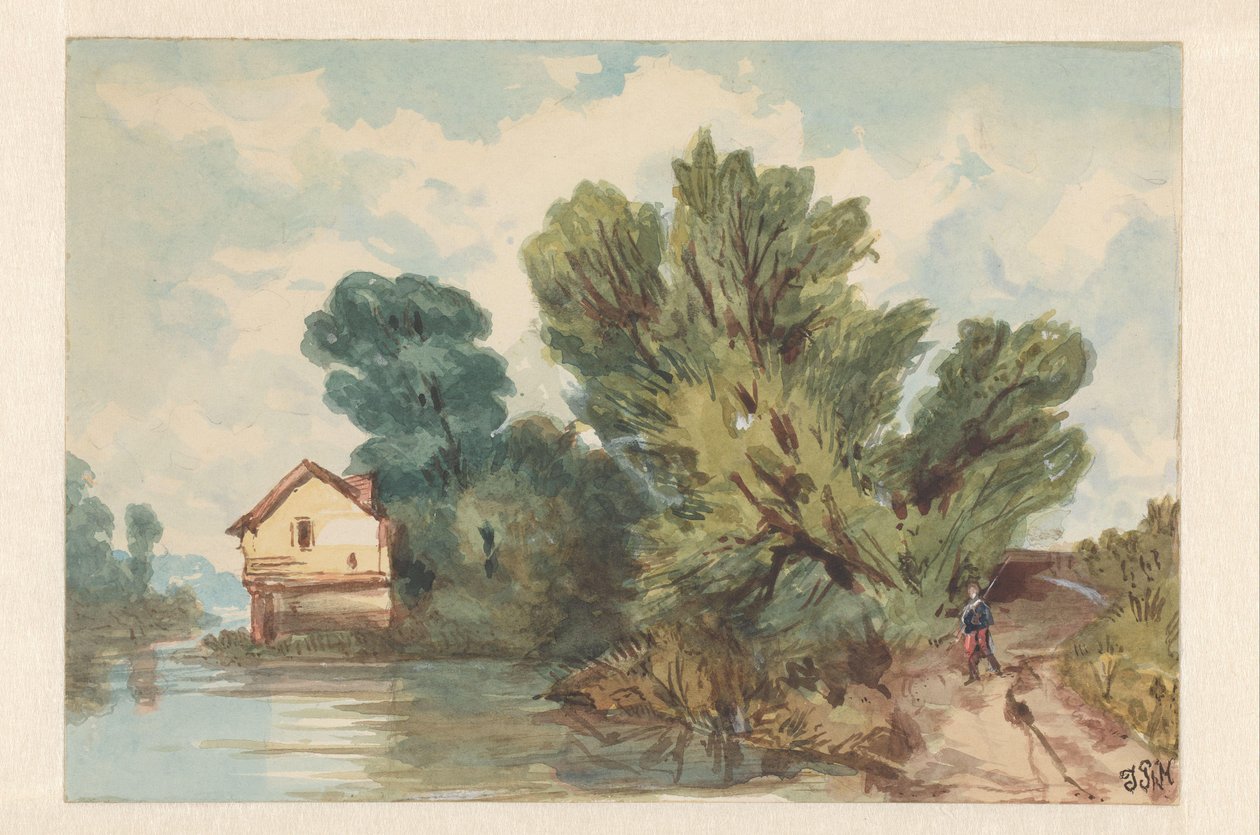 Landschap met wandelaar en huis aan het water door Judith Ph. Metelerkamp (signed by artist)