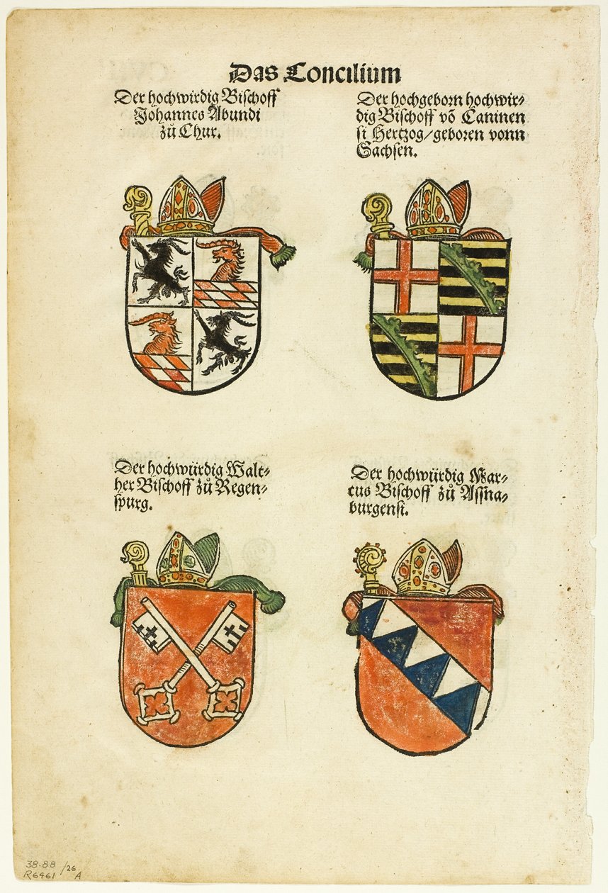 Wapenschilden van bisschoppen (recto en verso) uit Das Concilium so zu Constantz, plaat 26 uit Woodcuts from Books of the XVI Century door Jörg Breu the Elder