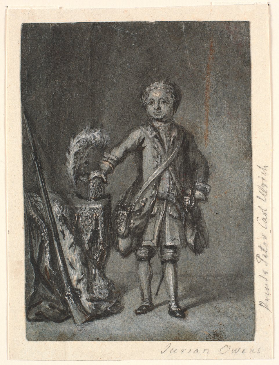 Portret van staande jongen in jachtuitrusting; links tafel met jachthoed en lang geweer. Prins Peter Carl Ulrich? door Jürgen Ovens