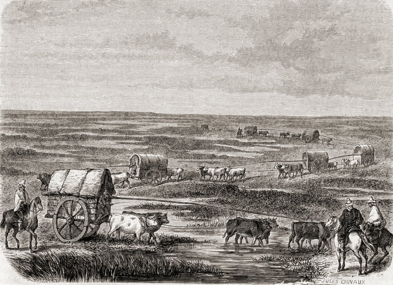 Wagentrein op de Argentijnse Pampas in de jaren 1860, gegraveerd door Alfred Louis Sargent (b.1828) door Jules Antoine Duvaux