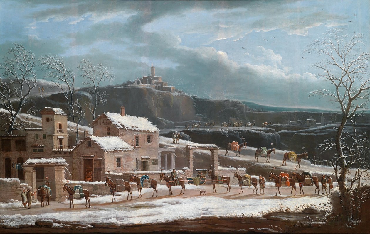 Een winterlandschap met een handelskaravaan door Jules Cesar Denis van Loo
