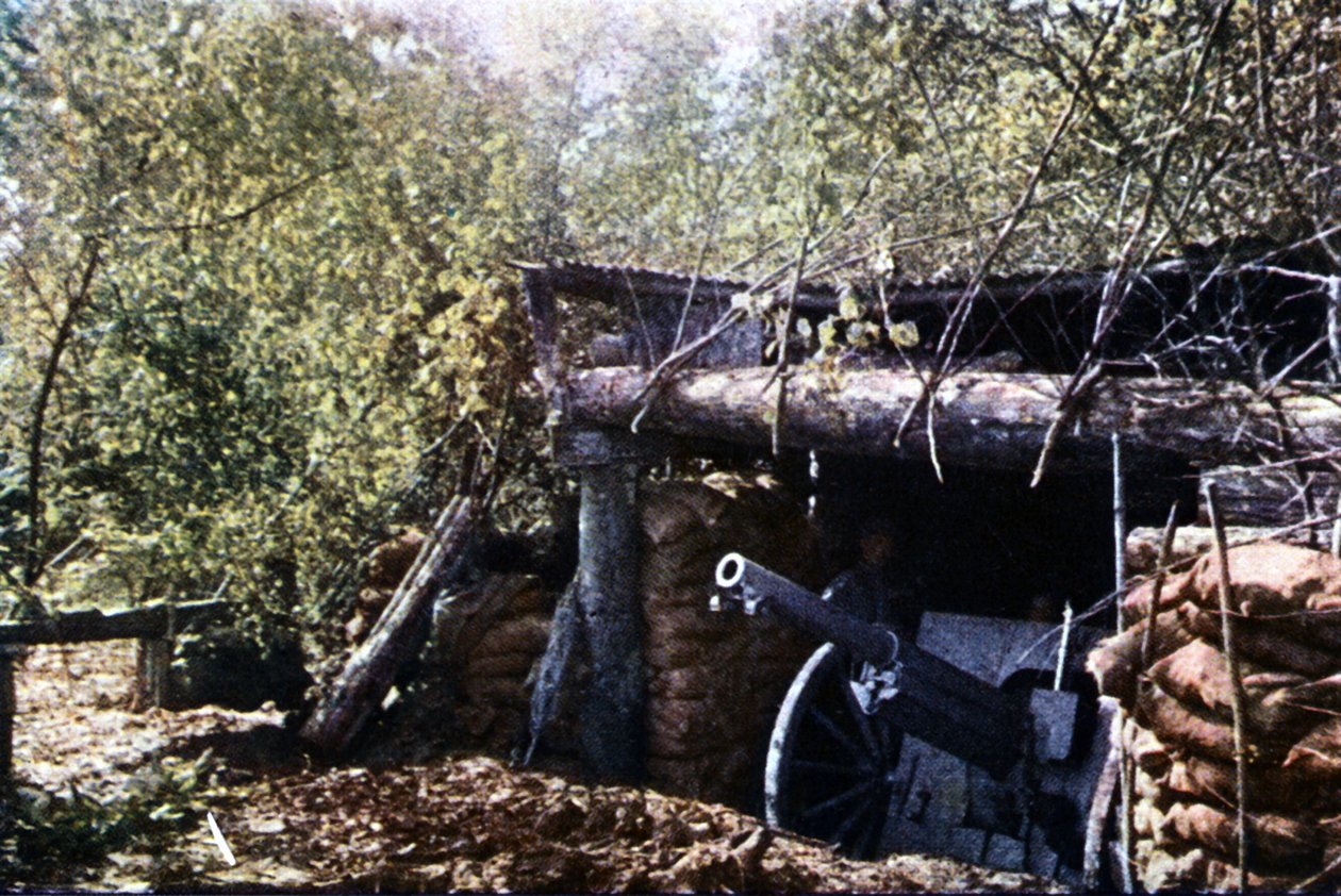 Een gecamoufleerd Frans 75 mm kanon onder de bomen tijdens de Slag bij Verdun, september 1916 door Jules Gervais Courtellemont