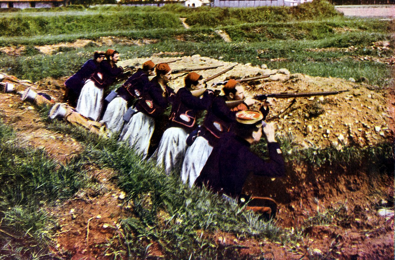 Zouave infanterietroepen van het Franse leger bij Barcy tijdens de Slag bij de Marne ten oosten van Parijs, september 1914 door Jules Gervais Courtellemont