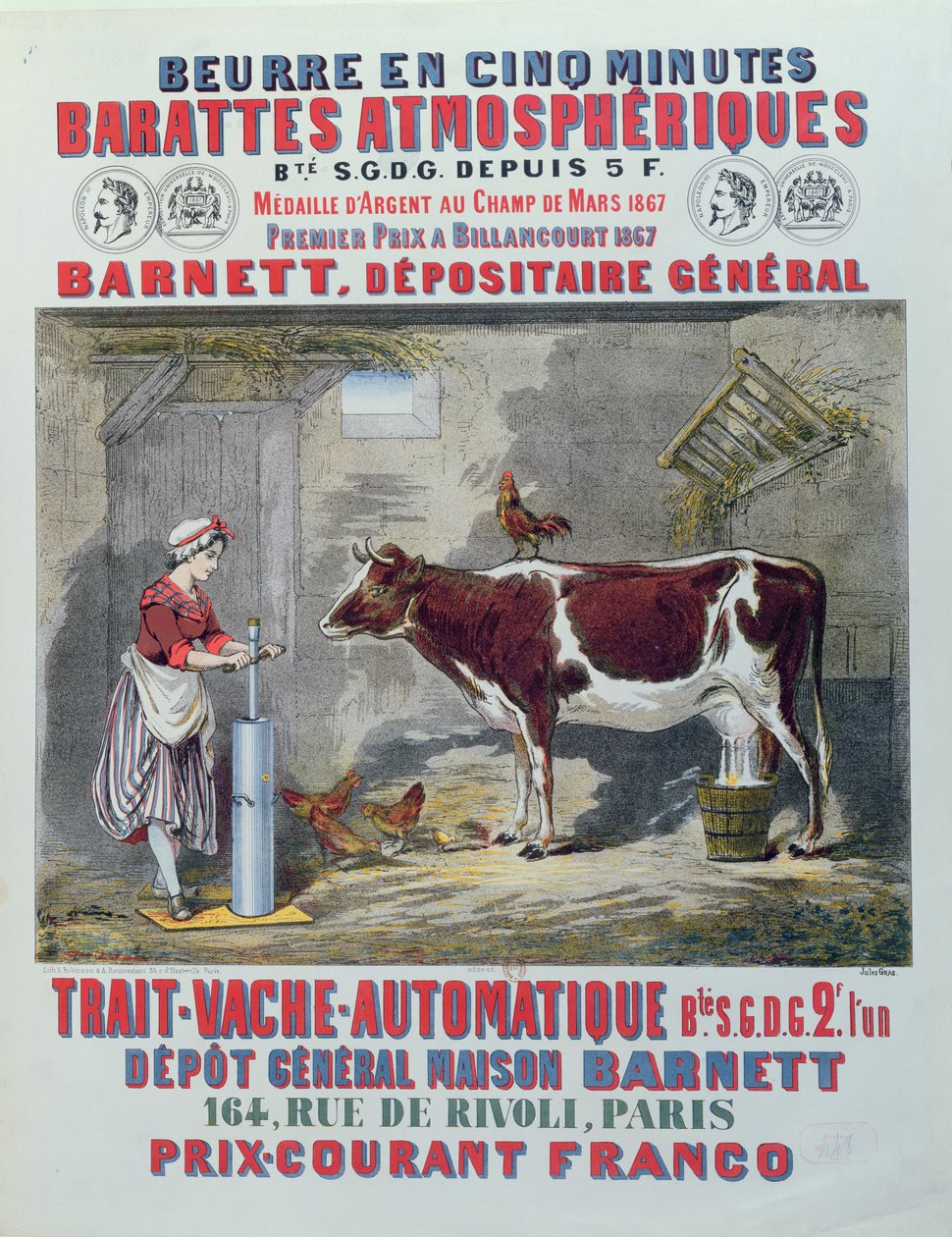 Advertentie voor de Atmospheric Churn en Automatic Milking Machine, van Maison Barnett, Parijs, ca. 1867 door Jules Gras