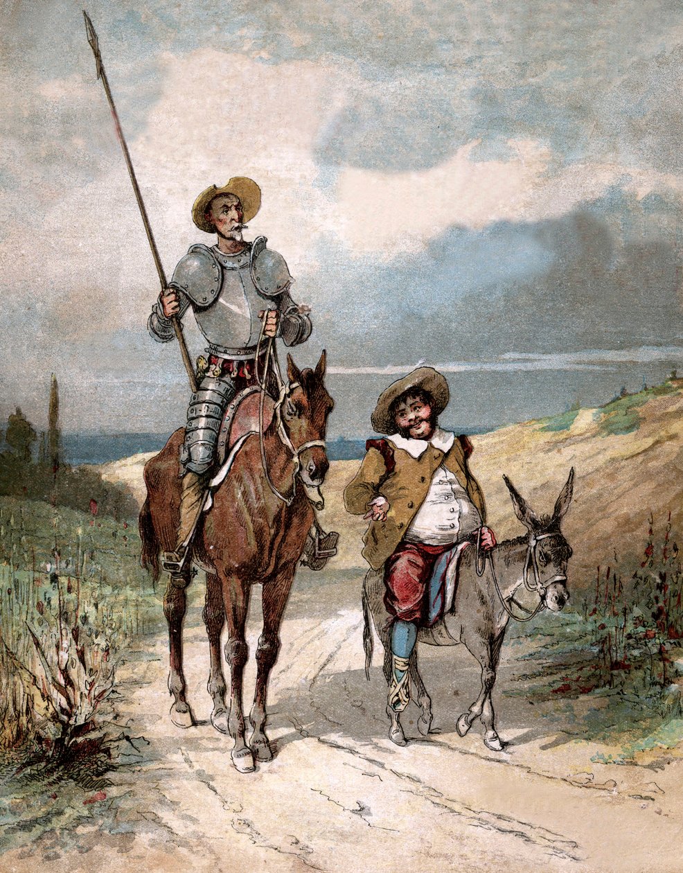 Don Quichot en Sancho Panza, illustratie van boek door Miguel de Cervantes "Histoire de Don Quichotte", gravure naar Jules David door Jules (after) David
