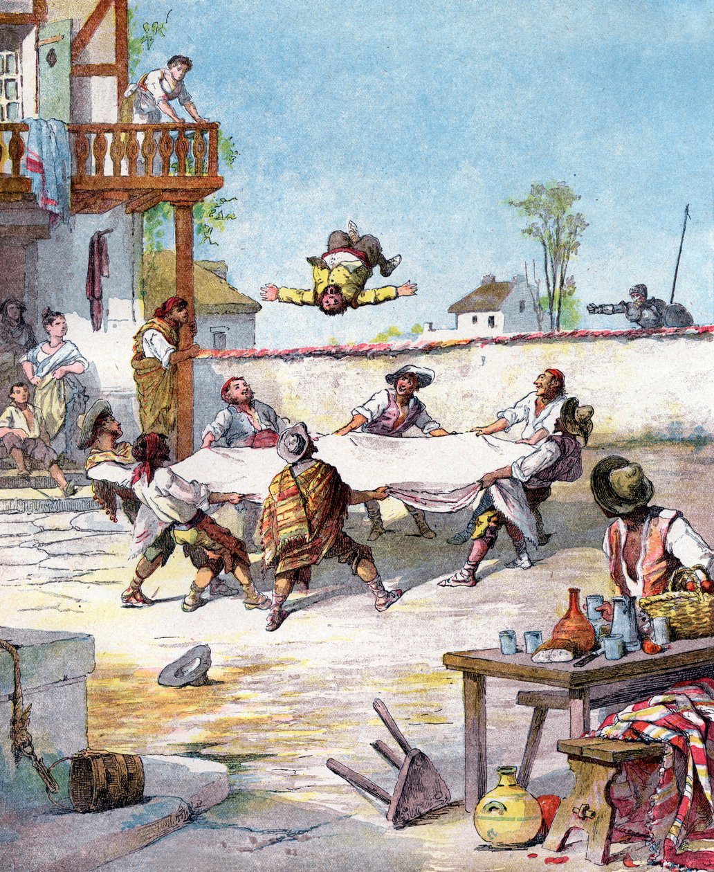 In herberg, Sancho Panza wordt mishandeld, hij roept zijn meester Don Quichot om hem te helpen, illustratie van boek door Miguel de Cervantes "Histoire de Don Quichotte", gravure naar Jules David door Jules (after) David