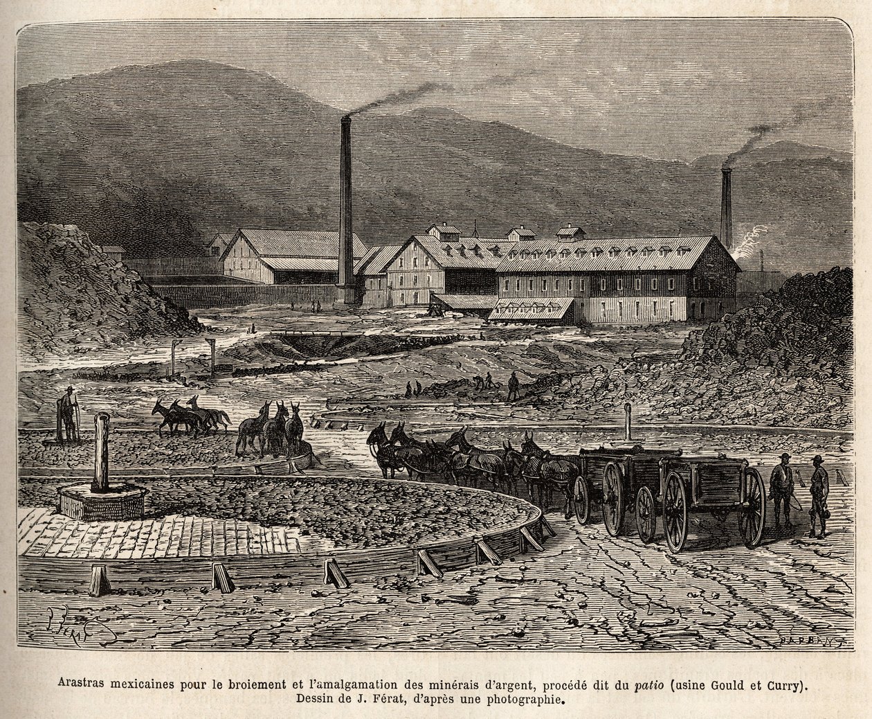 Mexicaanse arastras (gebied vertrapt door de voeten van de muilezels, zoals voor het treden van de bles) voor het malen en amalgameren van zilvererts (Gould en Curry fabrieken) in de buurt van Virginia City (Nevada), gravure naar de tekening van J.Ferat, i door Jules (after) Ferat