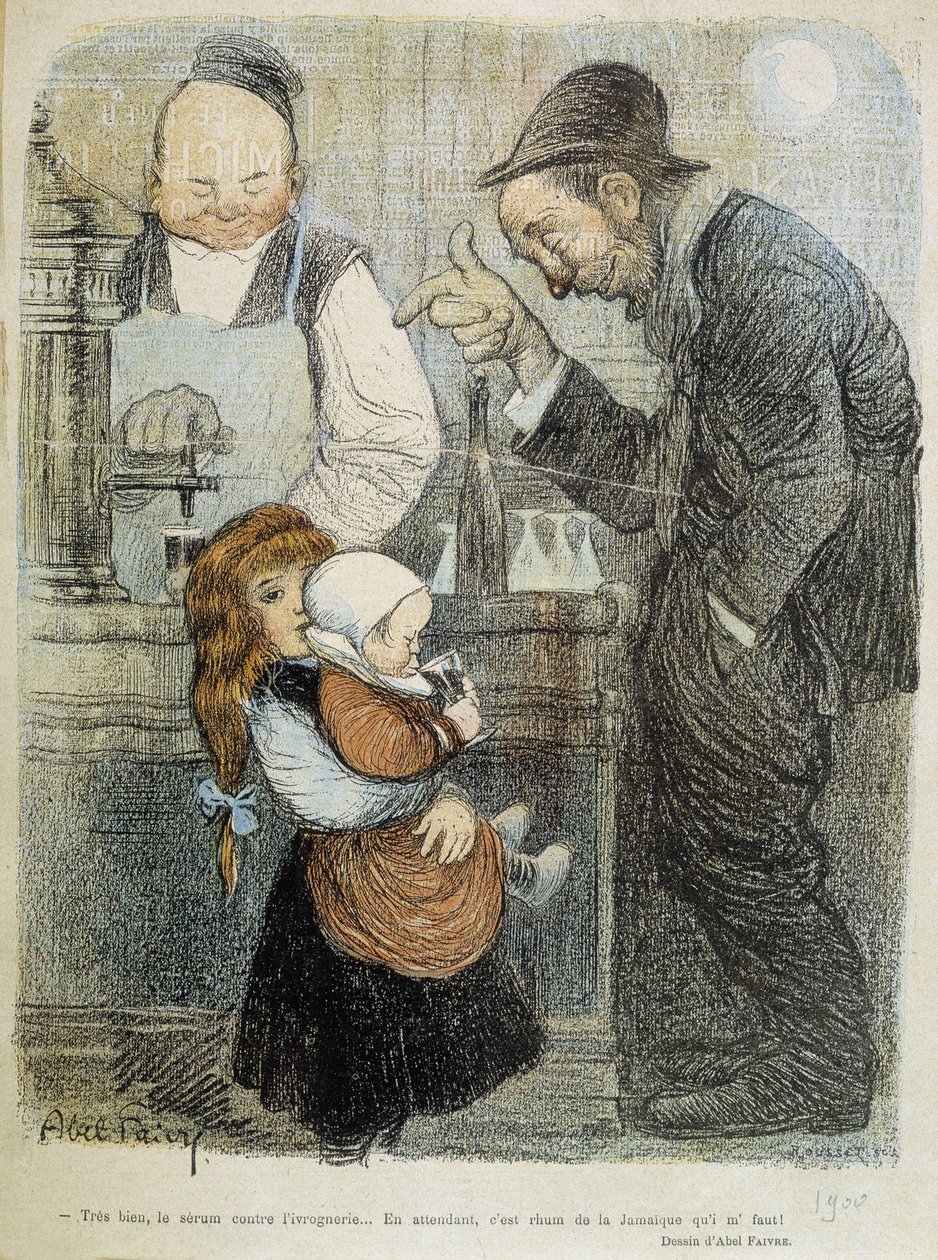 Oké, het serum tegen dronkenschap, ondertussen heb ik een rum uit Jamaica nodig! - getekend door Abel Faivre (1864-1945) door Jules Abel Faivre