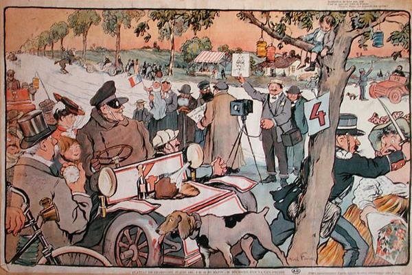 Karikatuur van M. Fournier die vertrekt voor de Parijs-Berlijn rally door Jules Abel Faivre