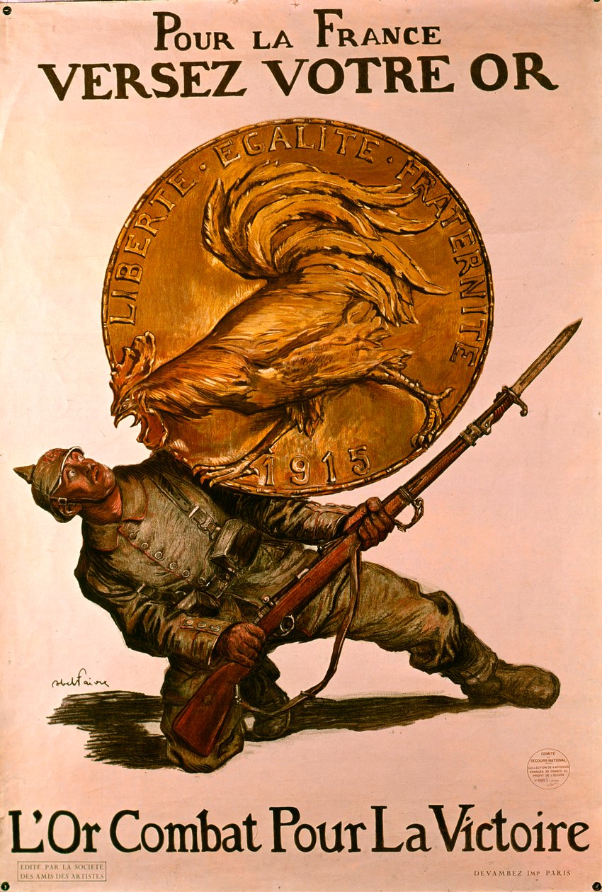 Franse Eerste Wereldoorlog poster die mensen aanmoedigt om geld bij banken te storten voor de oorlogsinspanning door Jules Abel Faivre