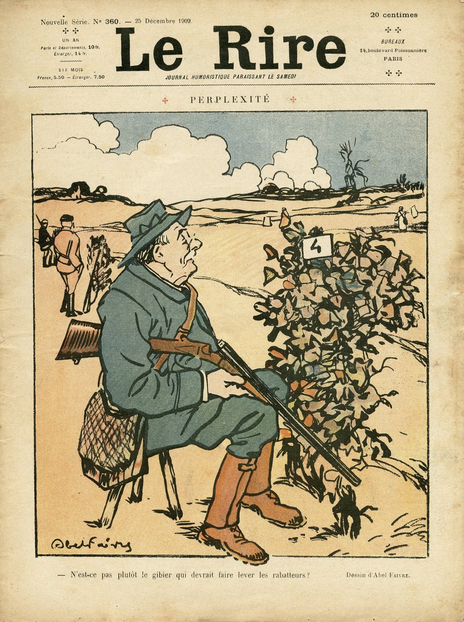 Illustratie door Abel Faivre (1867-1945) voor de omslag van Le Rire, 25/12/09 - Perplexiteit - Platteland, Vrije tijd, Jacht door Jules Abel Faivre