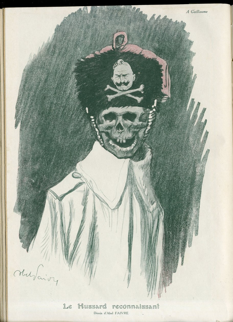 Illustratie door Abel Faivre (1867-1945) in Fantasio, 01/05/15 - De dankbare Hussard - Oorlog van 14-18, Duitsland Pruisen - Willem II, Reaper/Kameraad - Dood, Lachende gezichten door Jules Abel Faivre