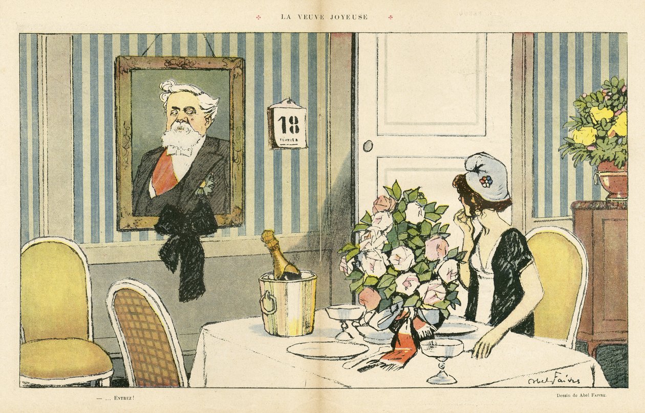 Illustratie van Abel Faivre (1867-1945) in Le Rire, 23/02/13 - De vrolijke weduwe - President van de Republiek, Portret - Marianne, Fallieres Armand (1841-1931) door Jules Abel Faivre
