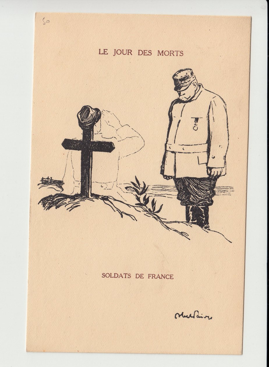 Ansichtkaart, Satirisch in zwart-wit, ca. 1915: Dag van de Doden - Oorlog van 14-18, Rouw Obseques Begrafenissen - Joffre, Soldaten Illustratie door Abel Faivre door Jules Abel Faivre