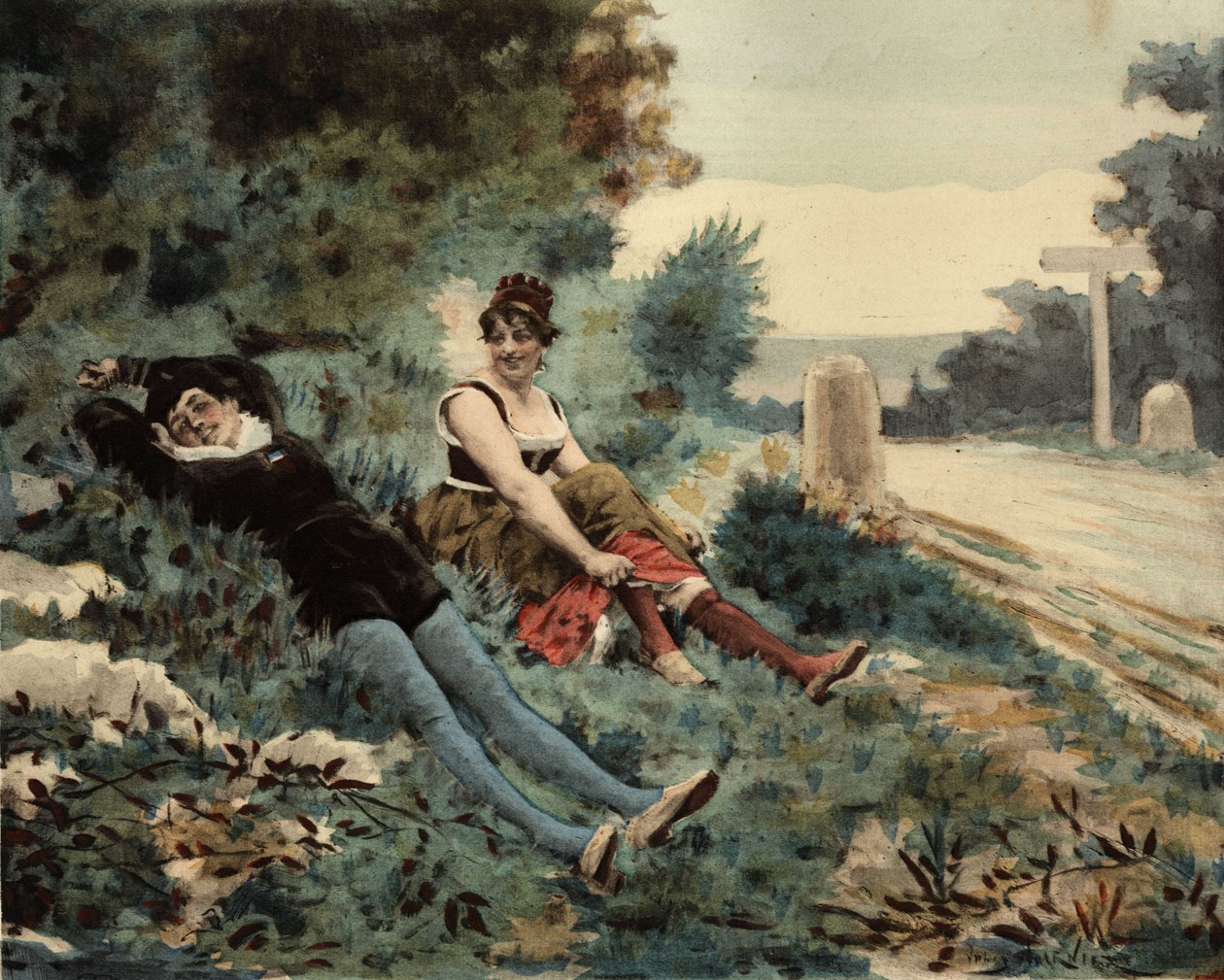 Een Parijzenaar en een Picardiër zittend op het gras. Pantagruel. Illustratie van Jules Garnier. In "Rabelais et l