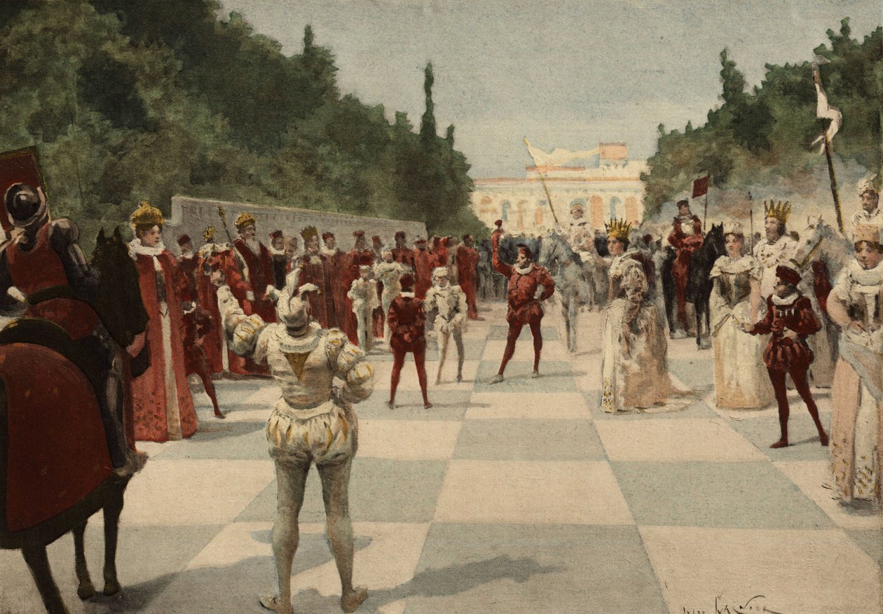 Bal georganiseerd door de koningin in de vorm van een schaakspel waarbij de pionnen mensen zijn. Koninkrijk Entelechie. Pantagruel. Illustratie door Jules Garnier. In "Rabelais et l
