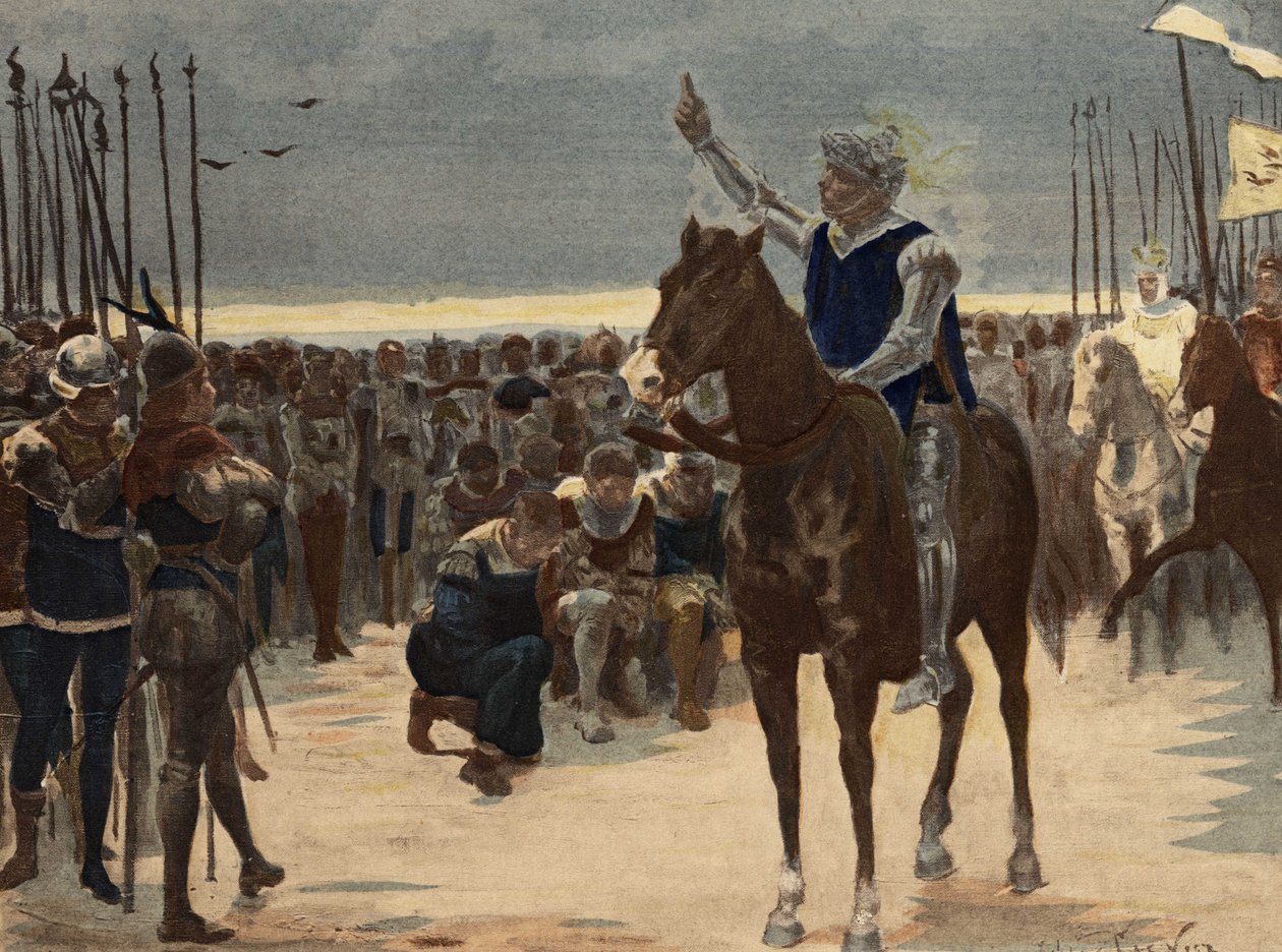 Gargantua, winnaar van het leger van Picrochole, koning van Lerne, spreekt tot de verslagenen. Gargantua. illustratie door Jules Garnier. In "Rabelais et l