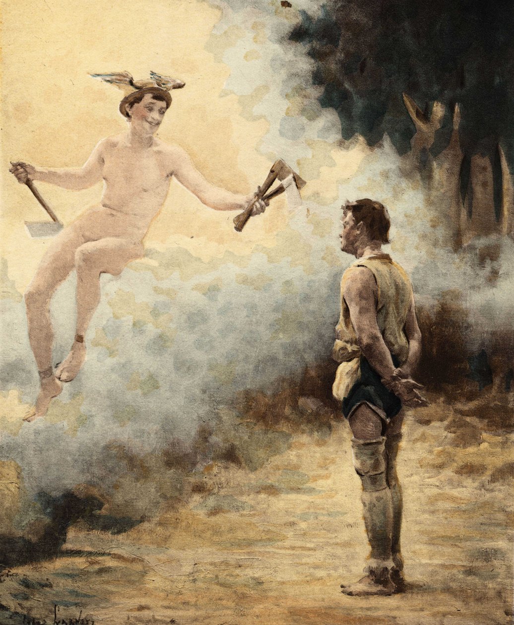 Mercure (Hermes) geeft drie bijlen aan Couillatris, een houthakker uit het dorp Gravot, bij Chinon. Pantagruel. Illustratie door Jules Garnier. In "Rabelais et l