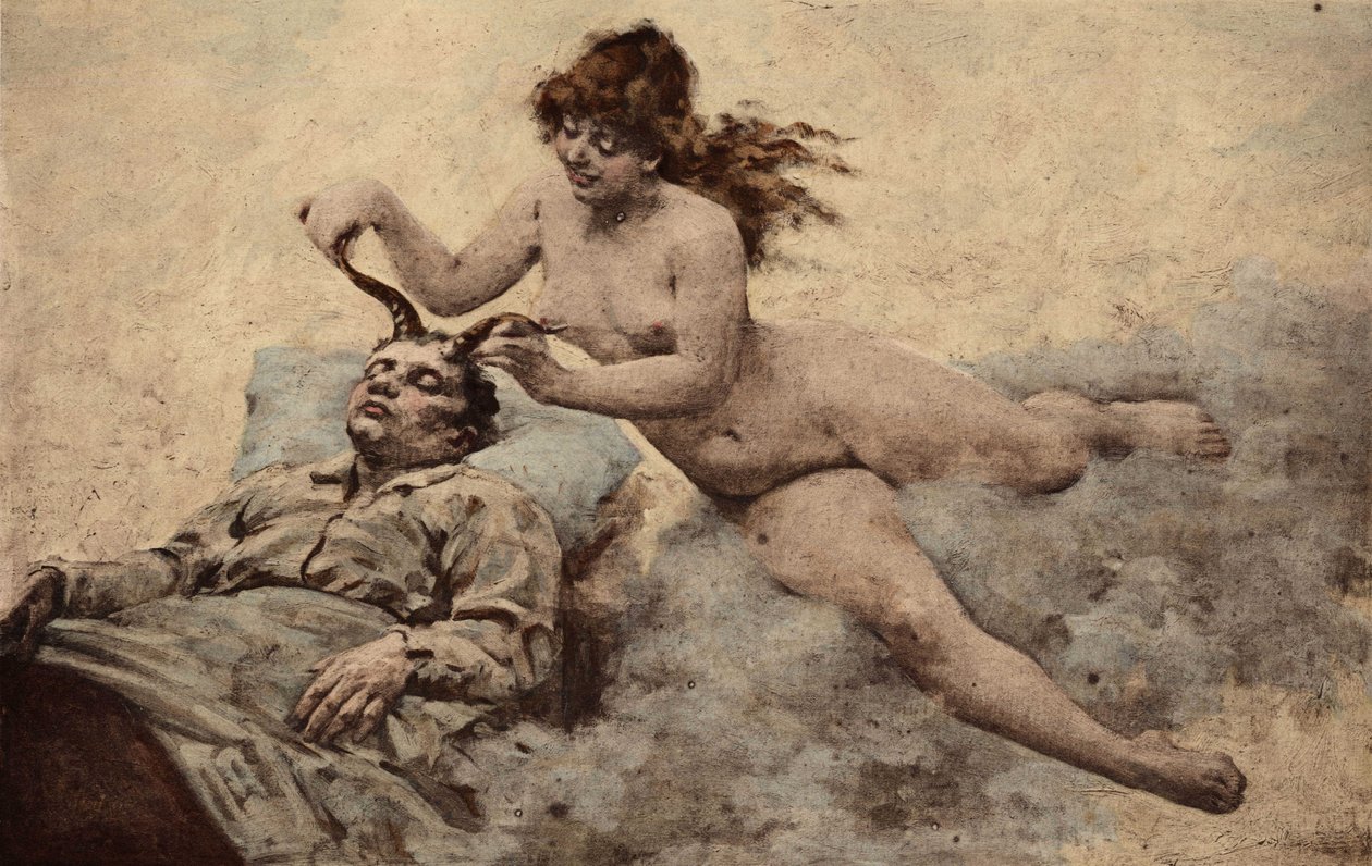 De droom van Panurge: een vrouw komt twee hoorns op zijn hoofd planten. Pantagruel. Illustratie door Jules Garnier. In "Rabelais et l