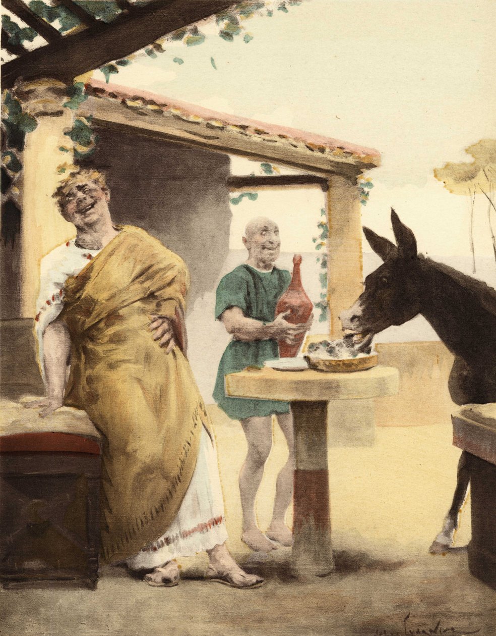 Philomenes sterft van het lachen bij het zien van Sycophagus ezel die vijgen eet terwijl een bediende wijn in een amfoor brengt. Pantagruel. Illustratie door Jules Garnier. In "Rabelais et l