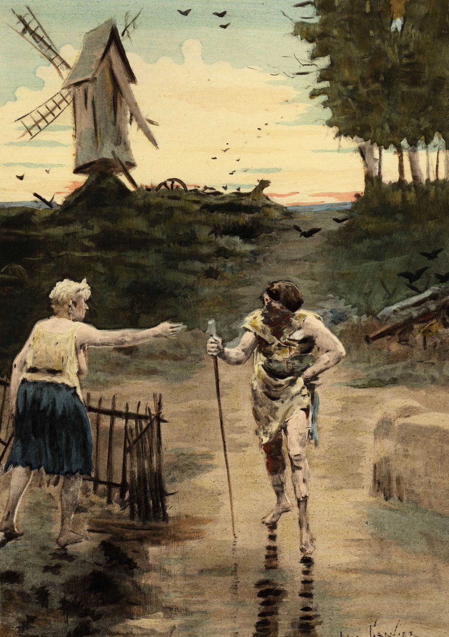 Picrochole, koning van Lerne, op de vlucht en gewond, richt zich tot een oude zwaargewicht. Gargantua. illustratie door Jules Garnier. In "Rabelais et l