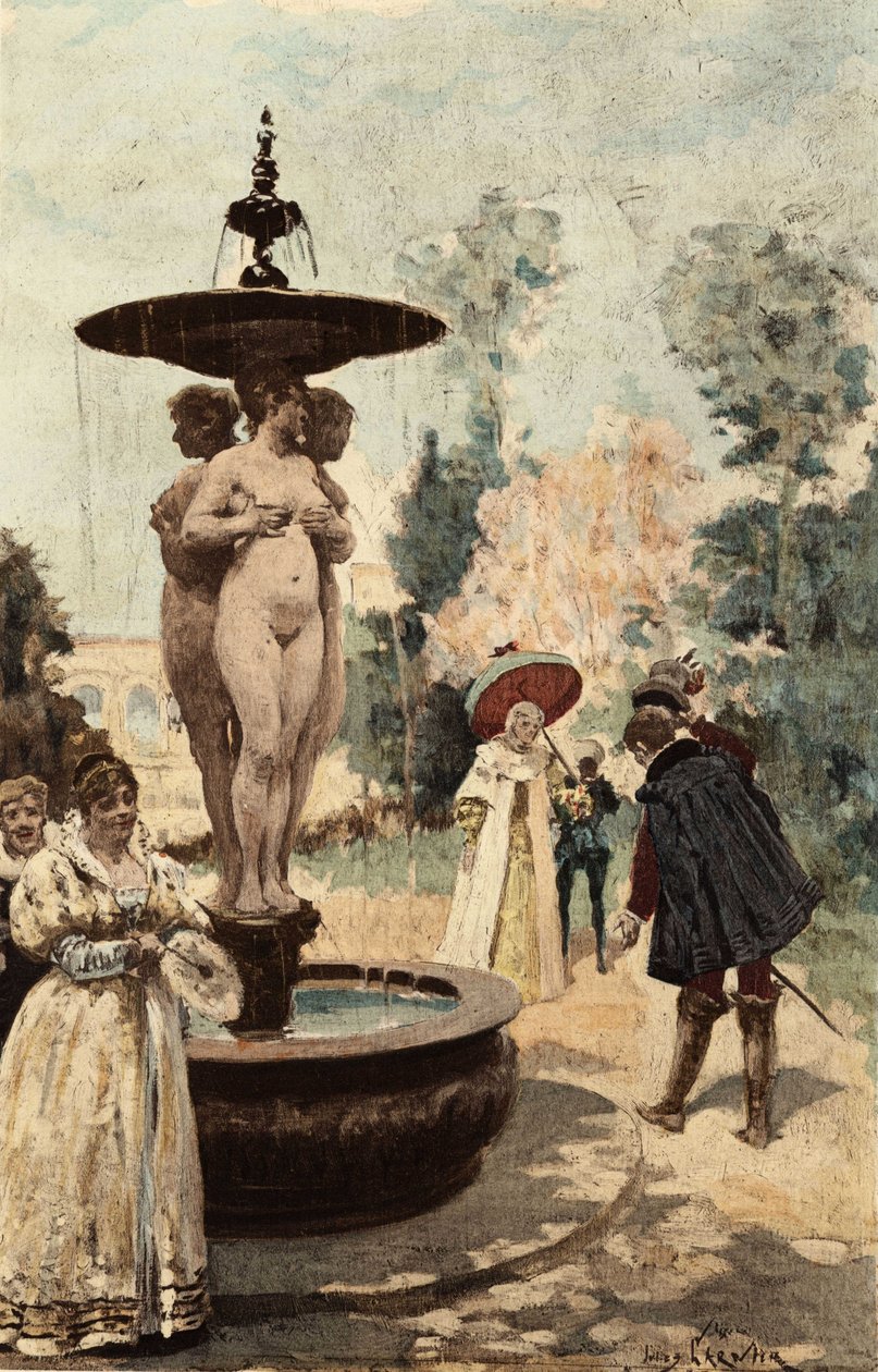 De fontein van de Abdij van Theleme, de drie Gratiën. Gargantua. Illustratie door Jules Garnier. In "Rabelais et l