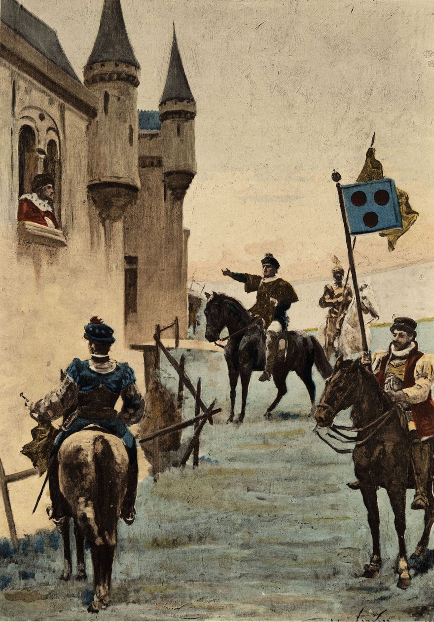 Ulrich Gallet, gestuurd door Grandgousier, de vader van Gargantua, vraagt om te spreken met Picrochole, koning van Lerne. Gargantua. illustratie door Jules Garnier. In "Rabelais et l