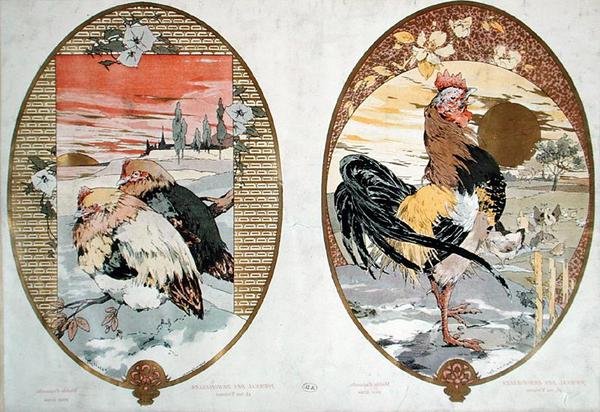 Haan en kuikens, ontwerp voor een scherm, ca. 1900 door Jules Auguste Habert Dys