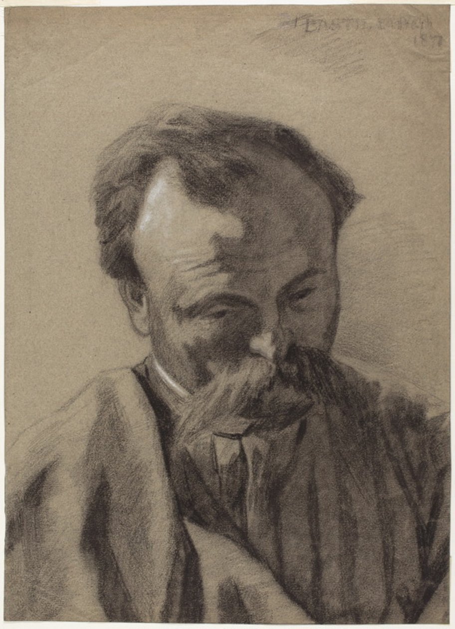 Zelfportret, ca. 1877 (zwart krijt gehoogd met wit krijt, op grijs geschept papier) door Jules Bastien Lepage