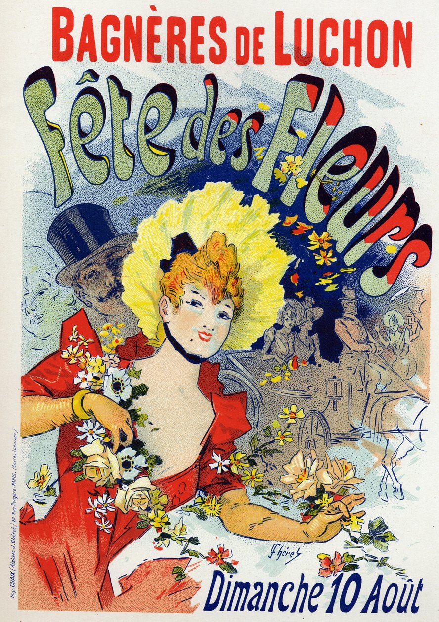 Kunst. Vermaak. Bloemenfeest in Bagneres de Luchon. Poster door Jules Cheret, Frankrijk, ca. 1895 (poster) door Jules Cheret