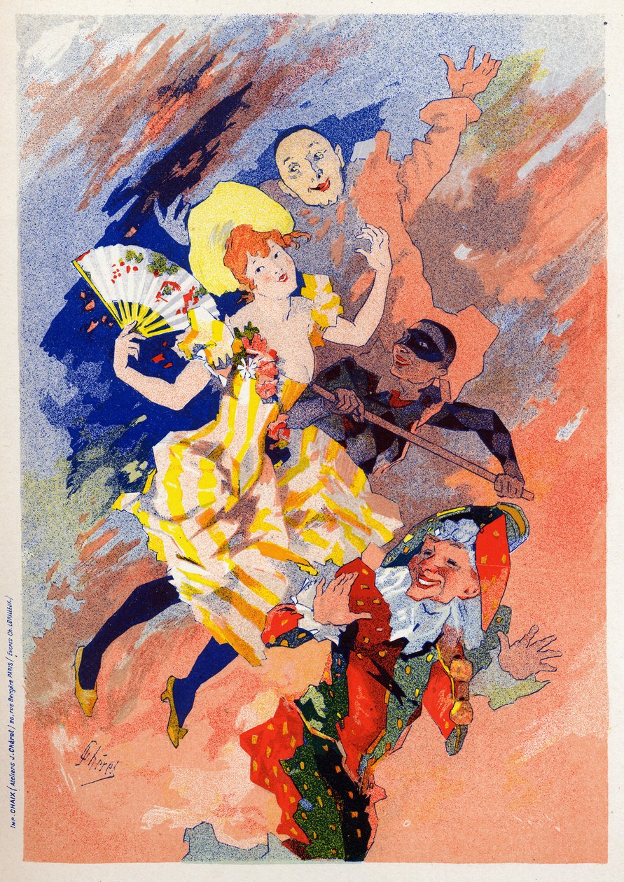 Kunst. Amusement. De mime show. Allegorie door Jules Cheret, Frankrijk, ca. 1890 door Jules Cheret
