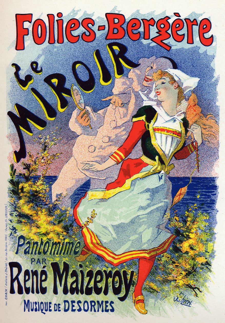 Kunst. Vermaak. De spiegel, mimeshow in het cabaret Les Folies Bergeres, Parijs. Poster door Jules Cheret, Frankrijk, ca. 1890 (poster) door Jules Cheret