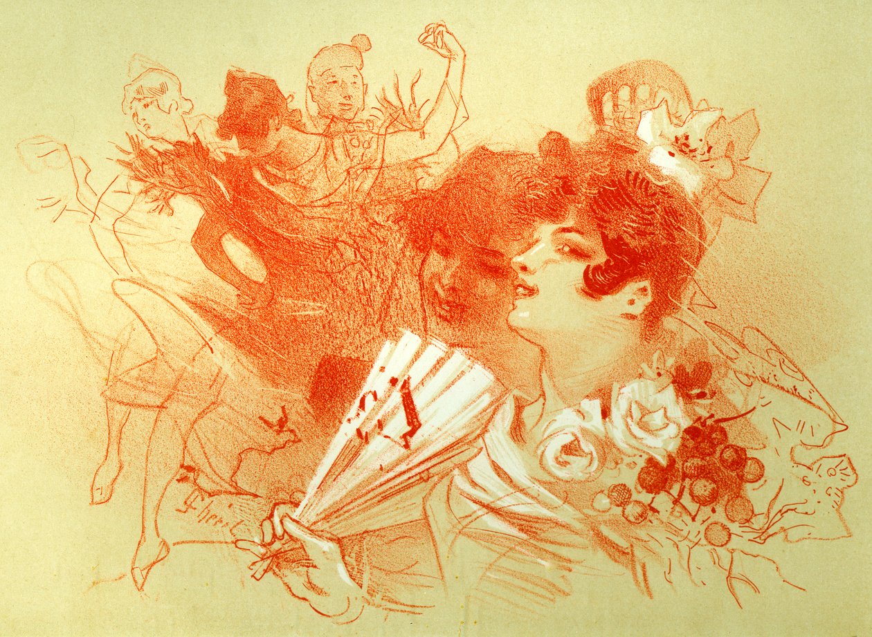Op het bal - tekening (sanguine) door Jules Cheret (1836 - 1932) - jonge vrouwen en dansers - dans - privécollectie - door Jules Cheret