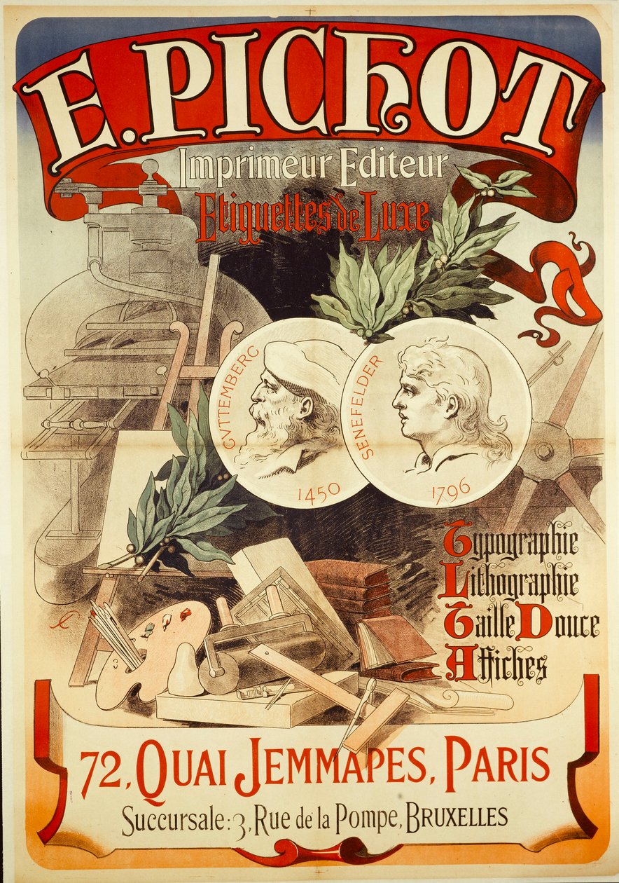 E.PICHOT/Drucker Herausgeber/ Luxus-Etiketten/ Typografie/ Lithografie/ Tiefdruck/ Plakate/ 72,QUAI JEMMAPES,PARIS door Jules Cheret