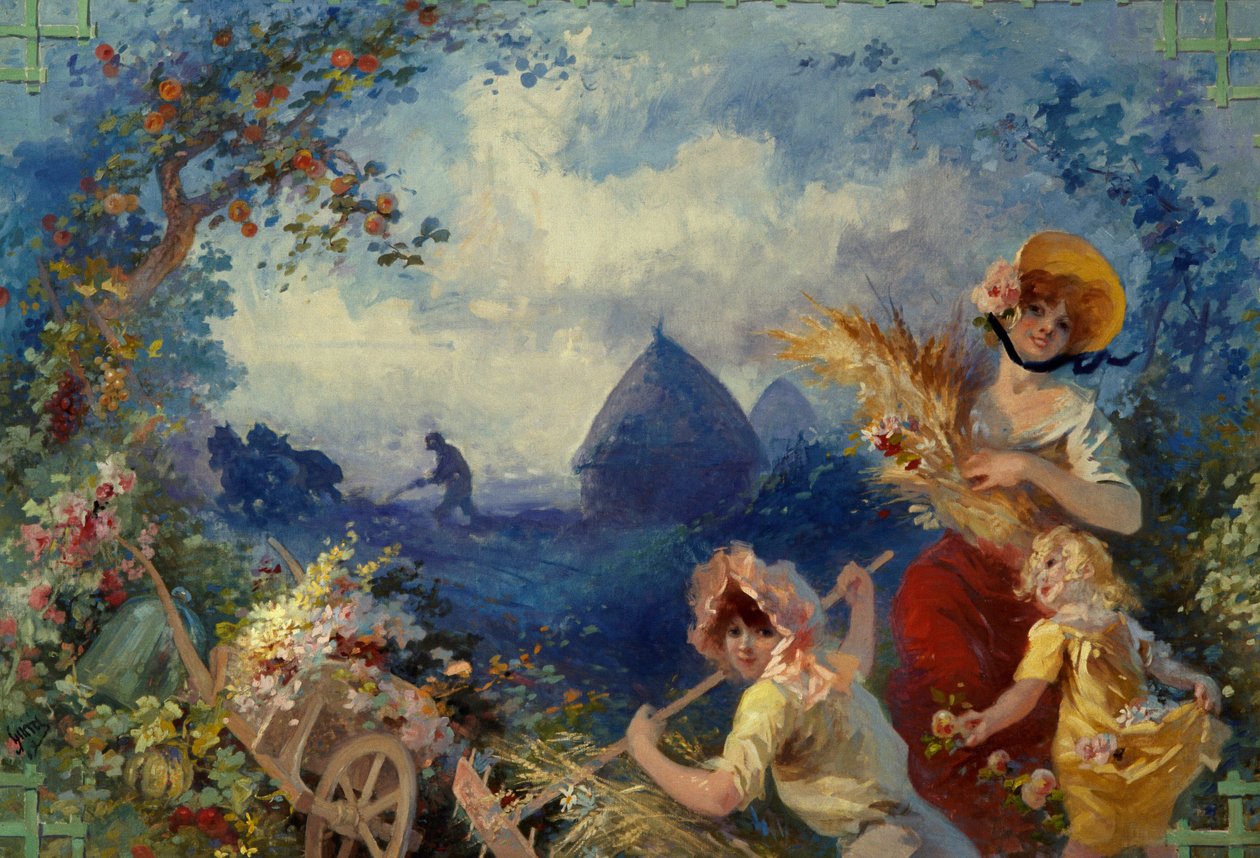 De Aarde Allegorie die jonge vrouwen voorstelt die tarwebossen vasthouden tegen een achtergrond van oogst. Karton voor wandtapijt door Jules Cheret (1836-1932) 20e eeuw Nice, Musée Cheret door Jules Cheret
