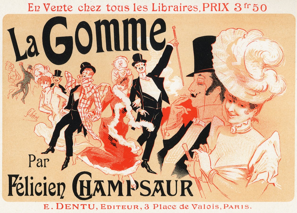 Levensstijl. Bal in Parijs. Poster door Jules Cheret voor het stuk: La Gomme, door Felicien Champsaur, ca.1889. (poster) door Jules Cheret