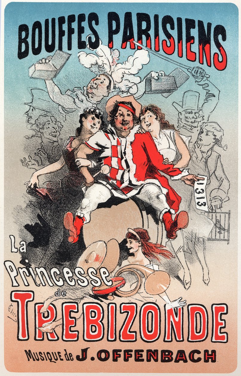 Muziek. De prinses van Trebizonde, operette door Jacques Offenbach. Poster door Jules Cheret voor de eerste show van de Bouffes Parisiens, Parijs, Frankrijk door Jules Cheret