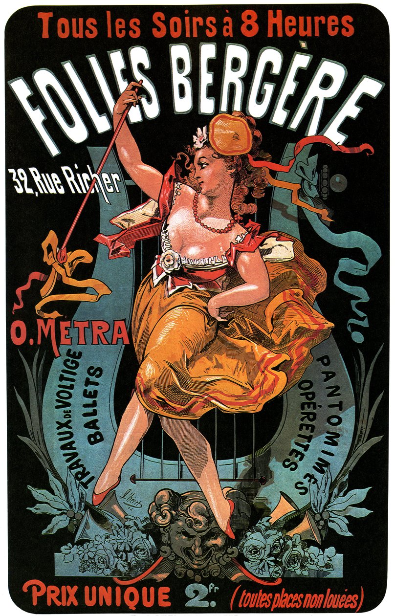 Poster voor de Folies-Bergere 1874 door Jules Cheret - acrobatische werken, balletten, pantomimes, operettes, dans, danser, music hall, vrolijk Parijs, Parijs bij nacht door Jules Cheret