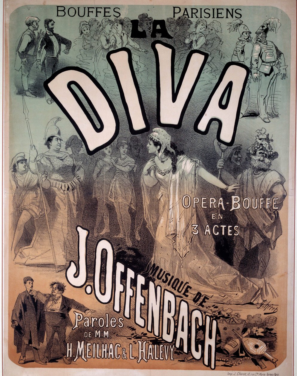 Poster voor de operette Diva op muziek gezet door Jacques Offenbach (1819-1880) bij de Parijse Bouffes door Jules Cheret
