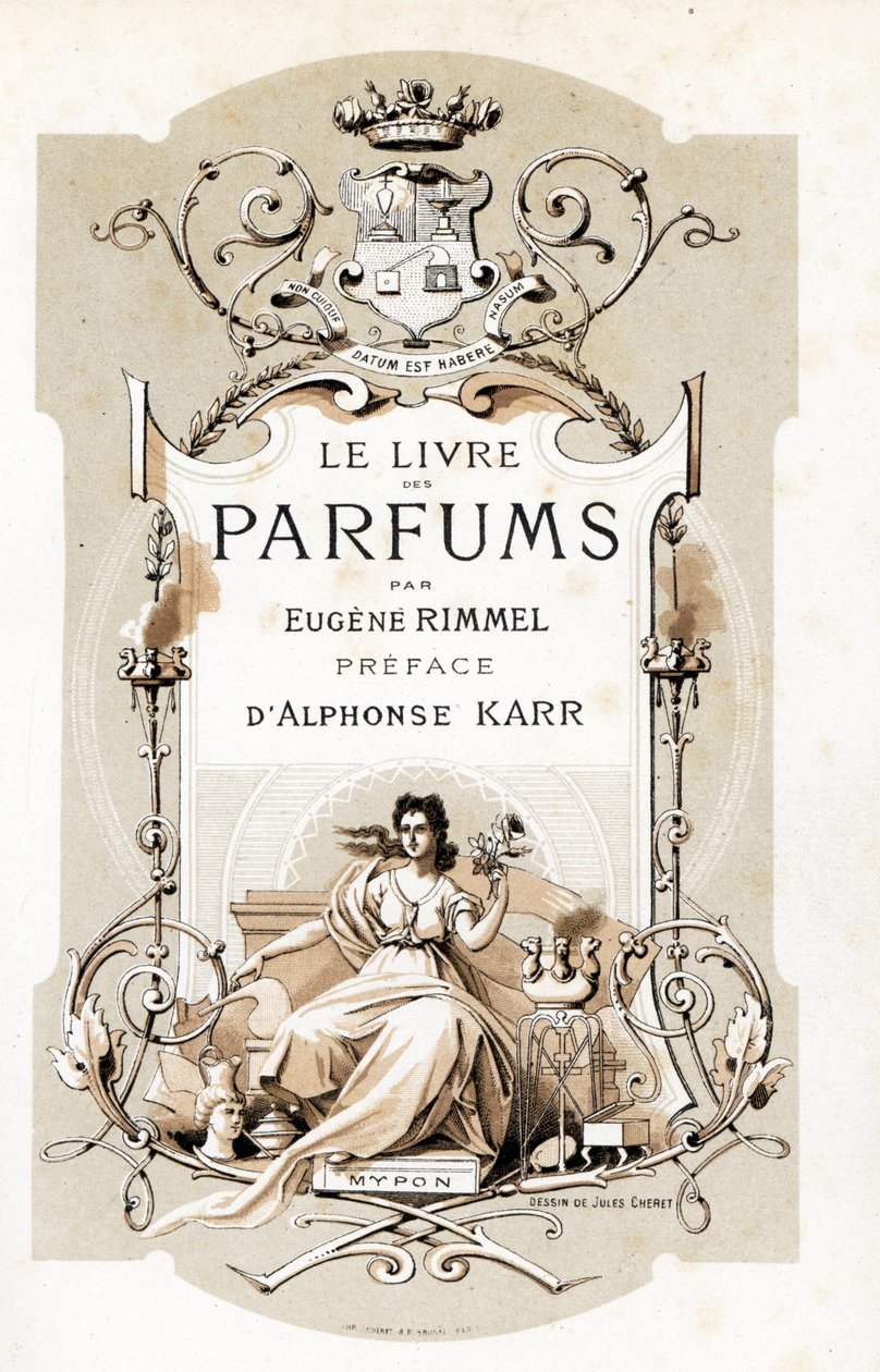 Titelpagina met een wapenschild en een vrouw die een roos vasthoudt, zittend op een troon - Illustratie door Jules Cheret (1836-1932) uit Le Livre des Parfums door Eugene Rimmel (1820-1887), Frankrijk door Jules Cheret