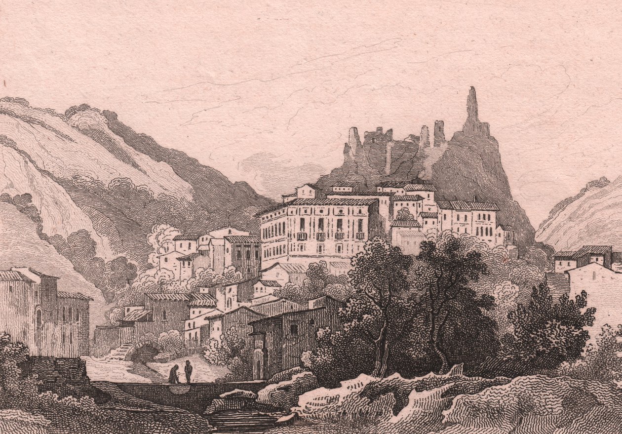 Uitzicht op Nicastro, Calabrië, Italië, staalgravure door Dunaime naar tekening van Jules Coignet door Jules Coignet