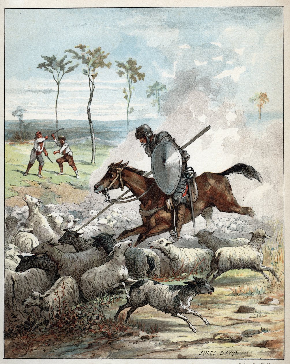 Don Quichot die schapen doodt denkend dat het ridders zijn - Don Quichot op zijn paard doorboort de schapen die hij voor ridders aanziet - Illustratie van Jules David (1808-1892) uit Histoire de Don Quichote (Don Quichot) - 1887 - door Miguel de Cervantes  door Jules David