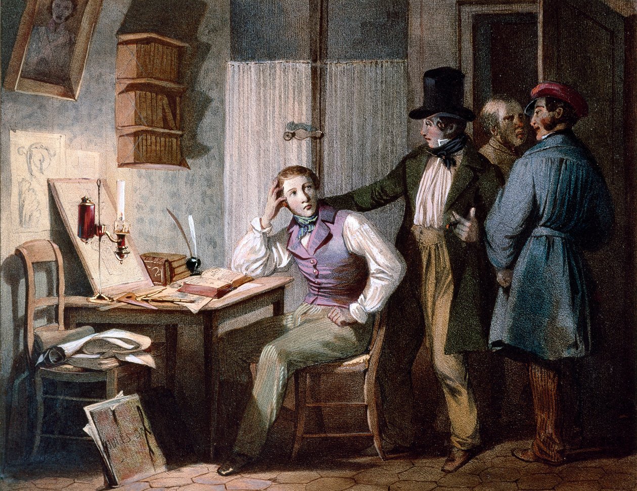 Studie. Een ijverige student aan zijn bureau blijft werken terwijl zijn vrienden uitgaan. Kleurgravure door Jules David (19e eeuw). Parijs, Musée Carnavalet door Jules David