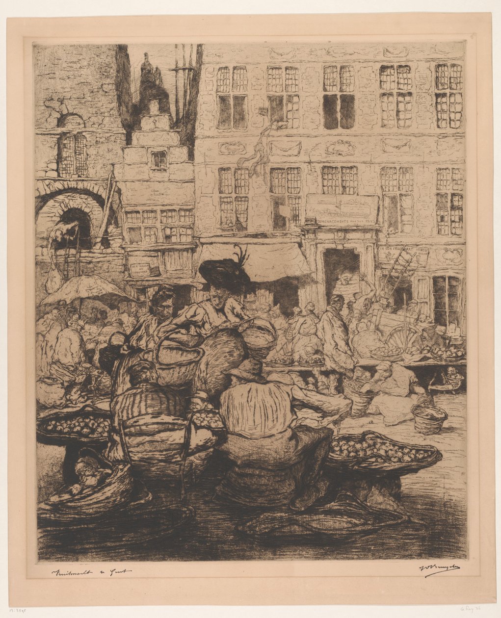 Stadsgezicht met fruitmarkt in Gent door Jules De Bruycker (signed by artist)