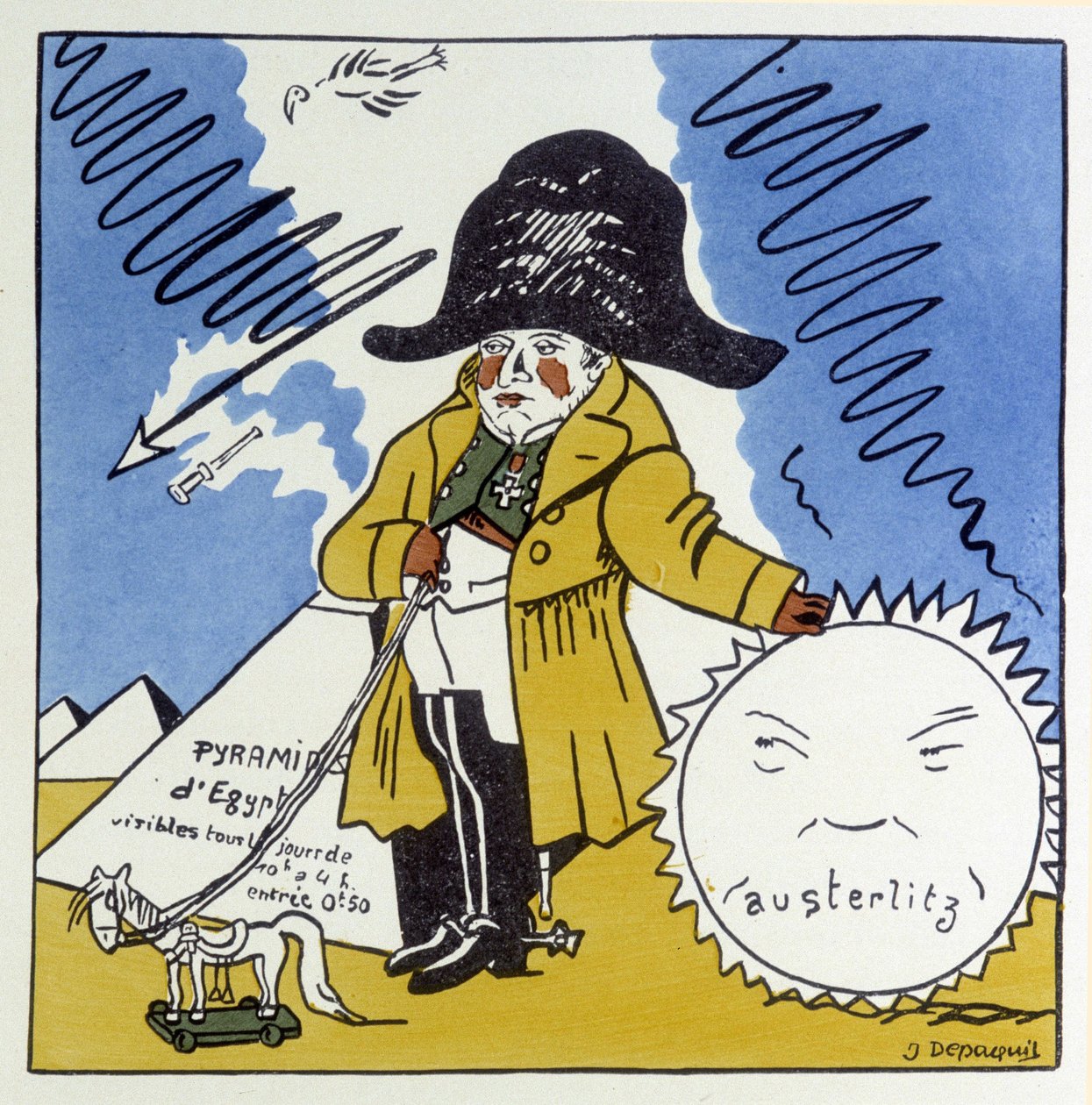 Austerlitz, Jena, Wagram: Karikatuur op Napoleon I - in Histoire de France door Jules Depaquit, ill. door hemzelf, ed. jonquières, Parijs door Jules Depaquit