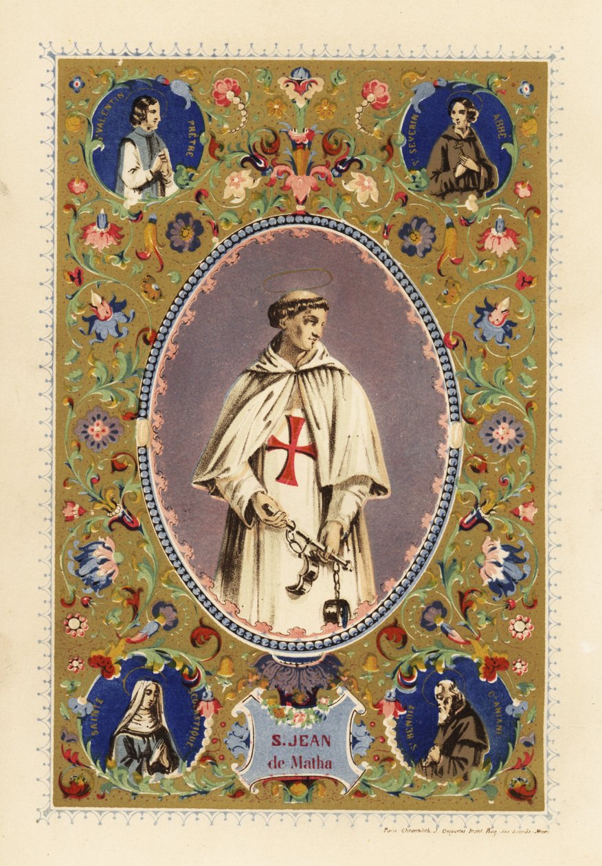 Portret van Sint Jan van Matha, oprichter van de Orde van de Allerheiligste Drie-eenheid, met halo, in kruisvaarderskleding, met kettingen van bevrijde christenen door Jules Desportes