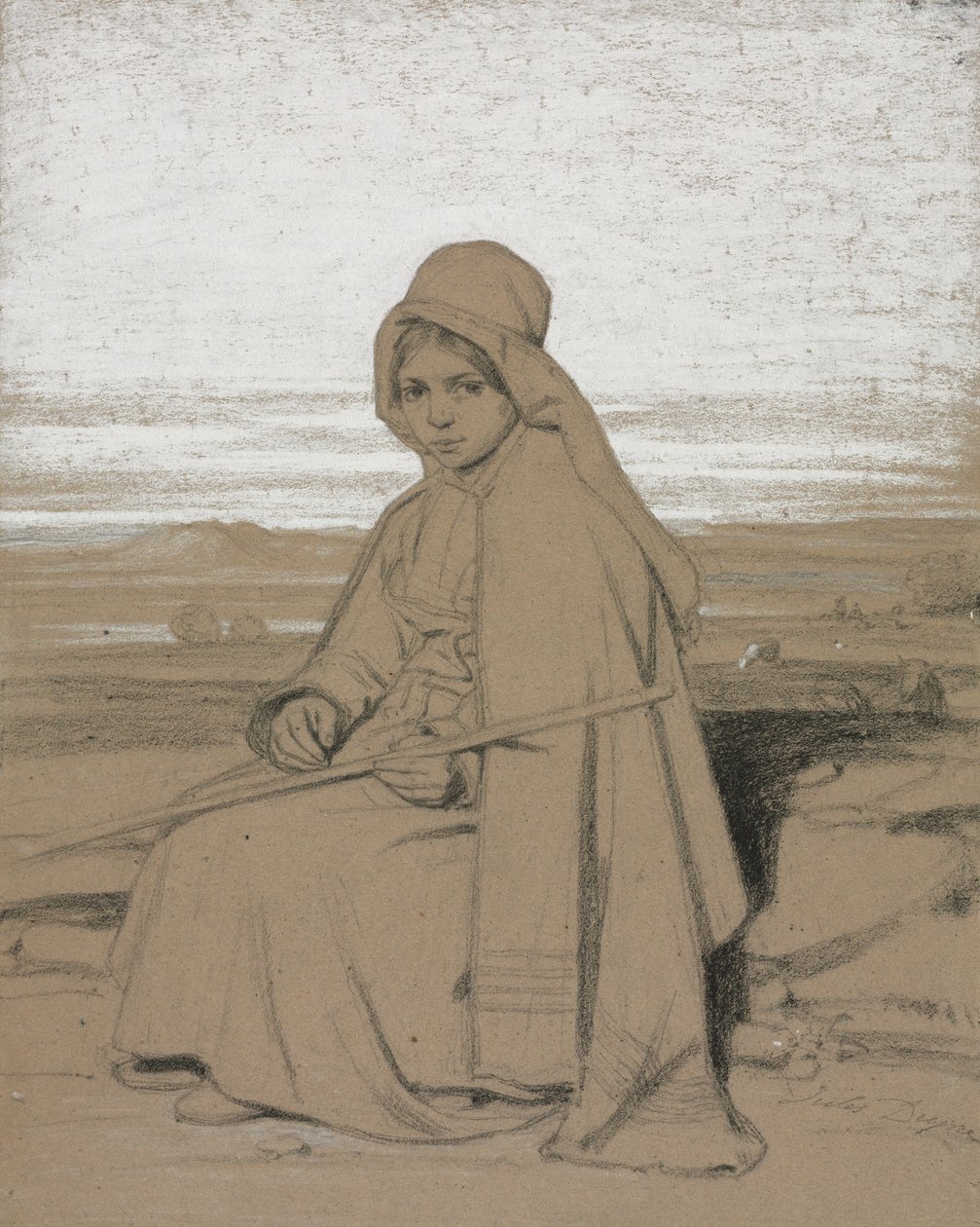 Een zittende herderin, 1800s door Jules Dupré